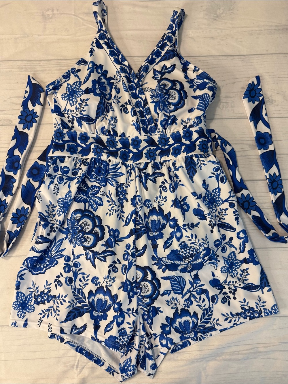 BloomChic Indigo Blue Floral Wrap Romper